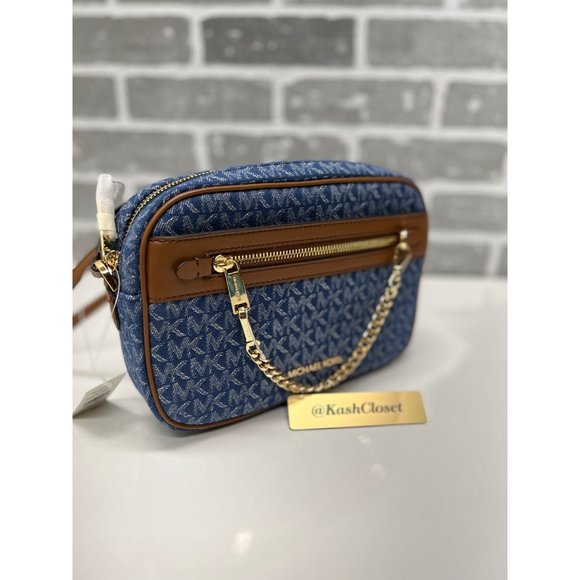 Michael Kors Chain Crossbody Denim Multi Zip Xbody Messenger Signature Blue MK - Picture 1 of 9